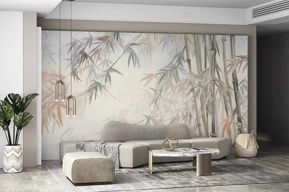 wall murals Textured bamboo stems and leaves in a soft, muted color palette of gray, white and cream, minimalist composition w09485