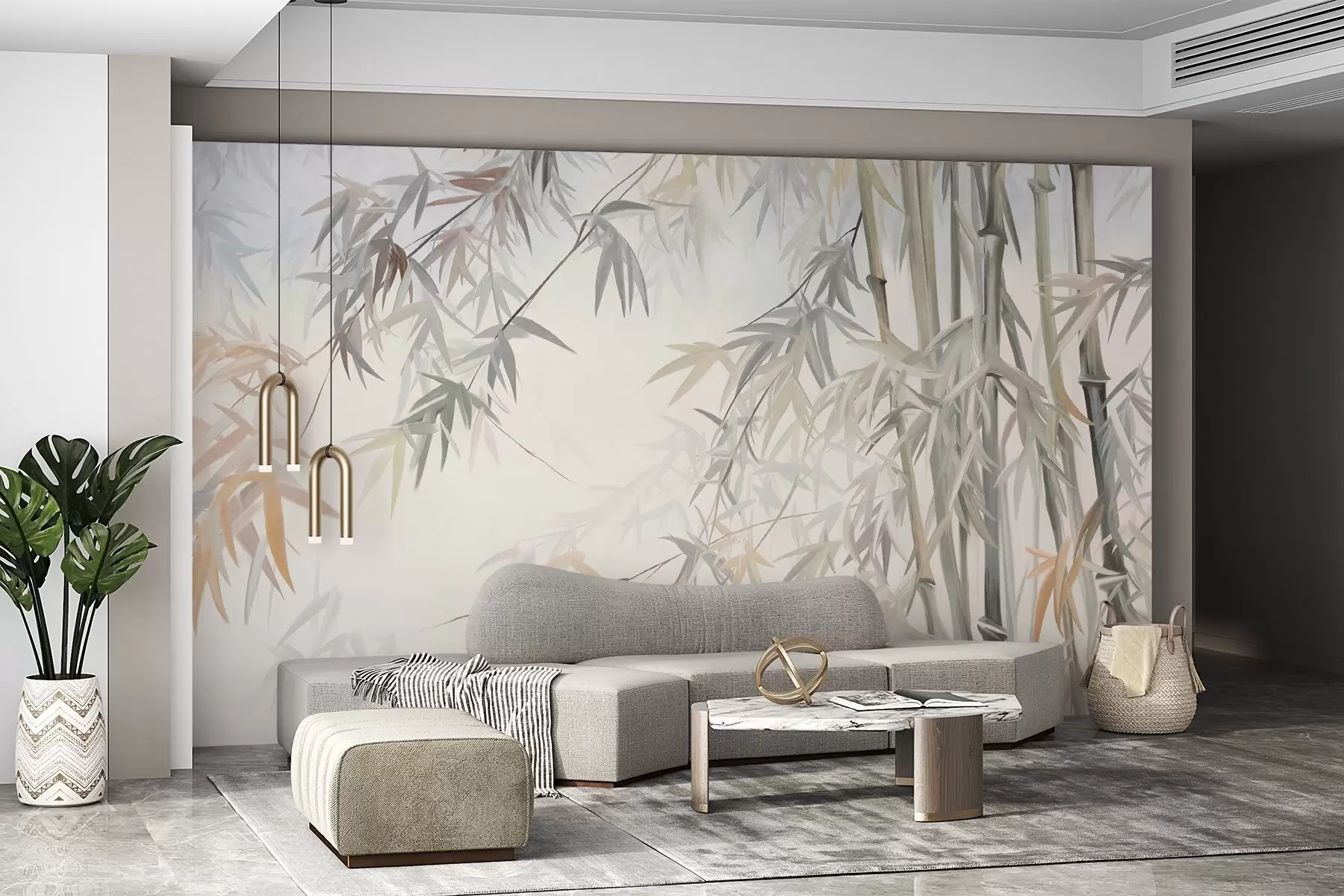 wall murals Textured bamboo stems and leaves in a soft, muted color palette of gray, white and cream, minimalist composition w09485
