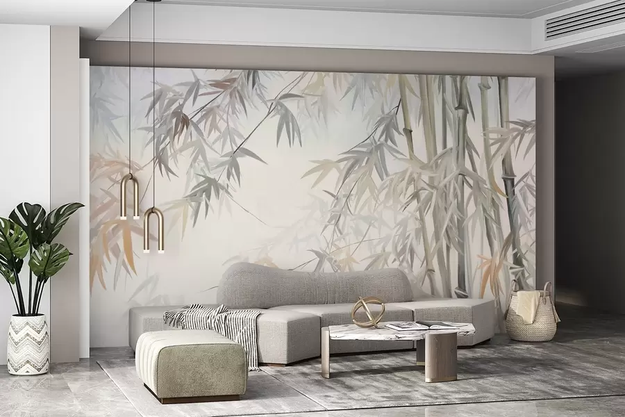 wall murals Textured bamboo stems and leaves in a soft, muted color palette of gray, white and cream, minimalist composition w09485
