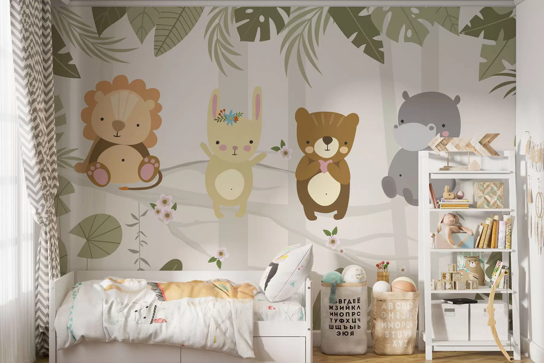 wall murals Cute lion, bunny, bear and hippo among leaves w04682
