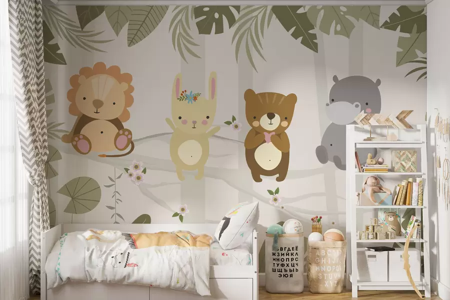 wall murals Cute lion, bunny, bear and hippo among leaves w04682