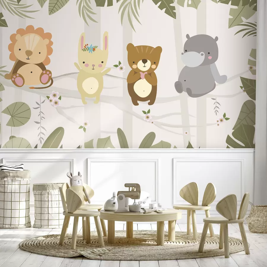 wall murals Cute lion, bunny, bear and hippo among leaves w04682