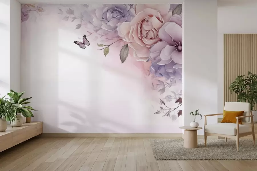 wall murals Delicate pink and lilac flowers with a butterfly w04711