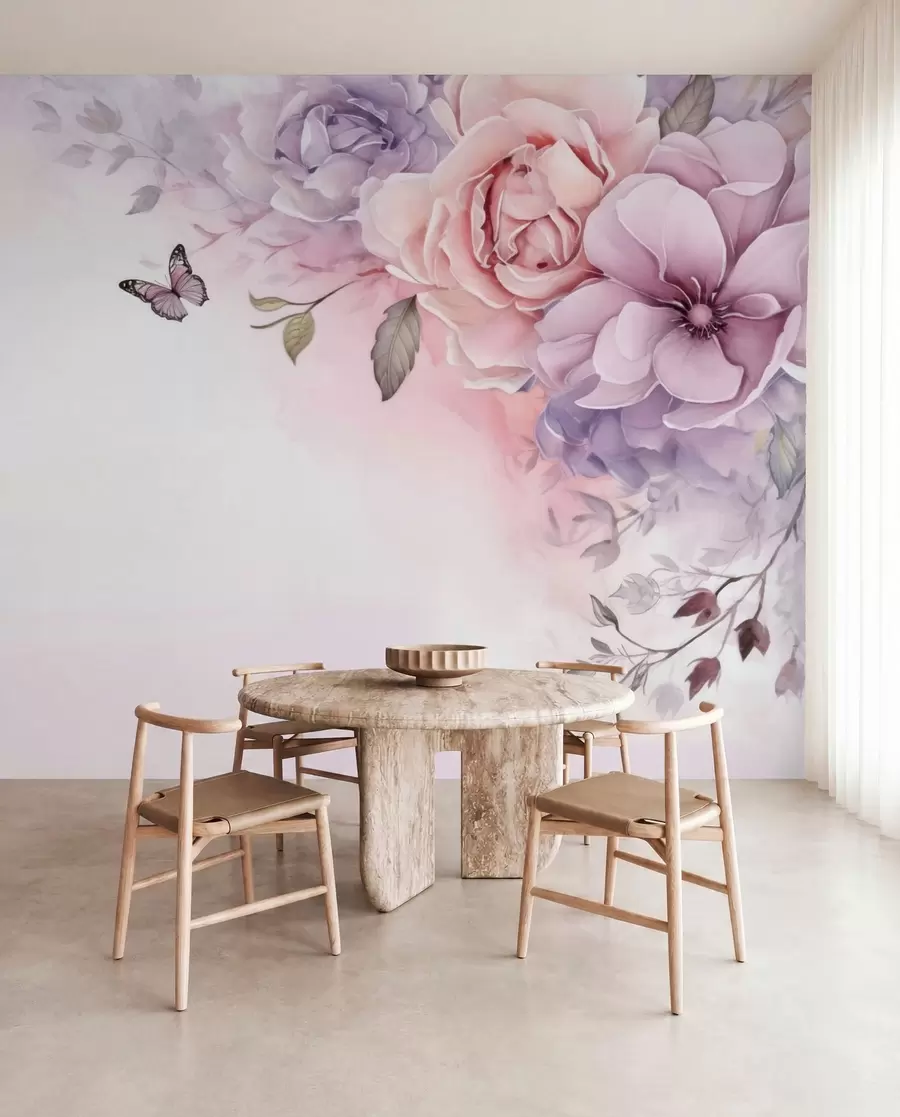 wall murals Delicate pink and lilac flowers with a butterfly w04711