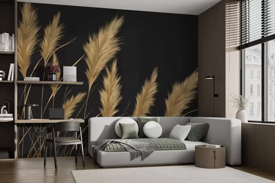 wall murals Fluffy wheat spikes on a dark background w04734