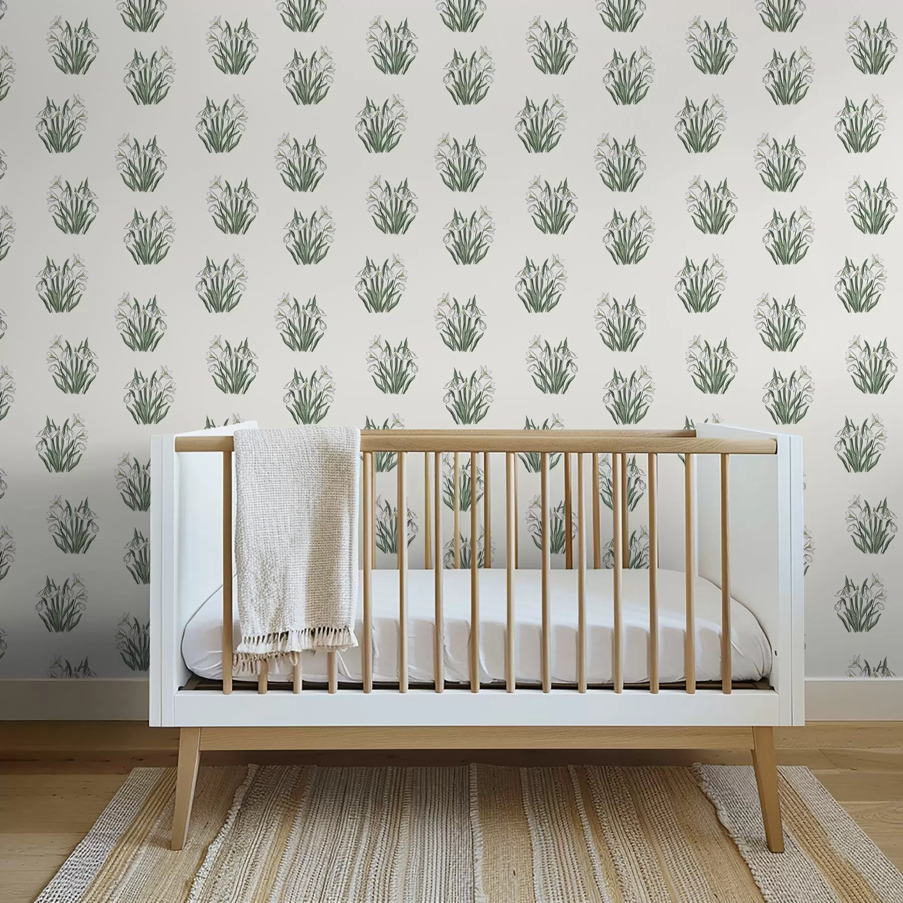 wall murals Snowdrops with green leaves on a light gray background a00651v1