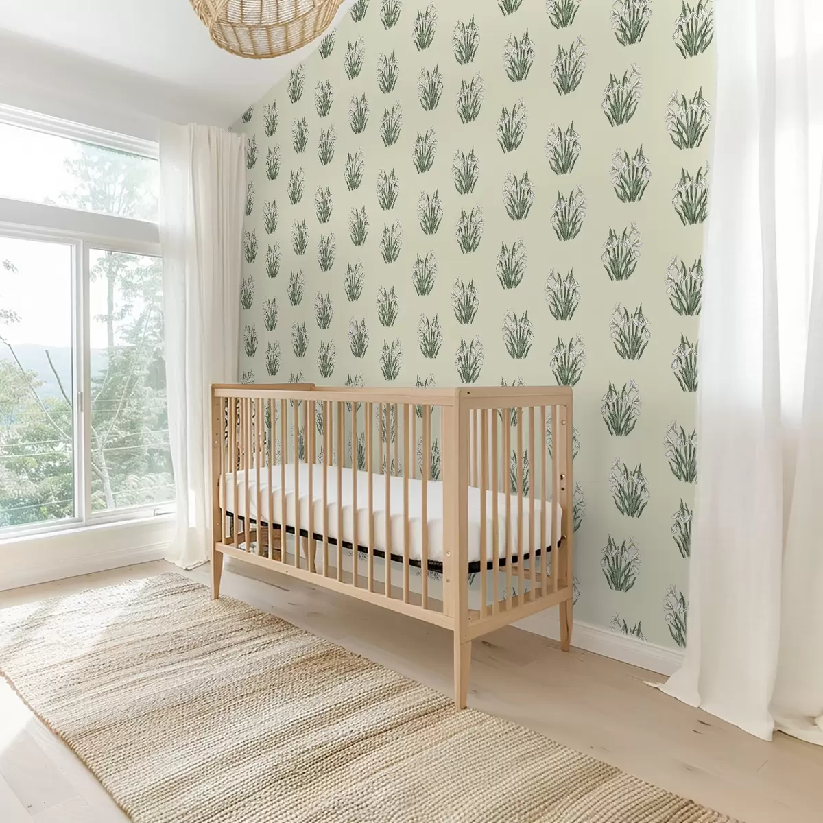 Wallpaper Snowdrops with green leaves on a creamy background a00651v2