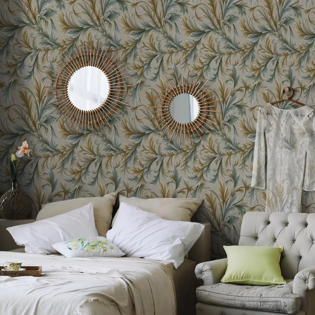 Wallpaper Voluminous leaves in pastel shades of green and beige a00674