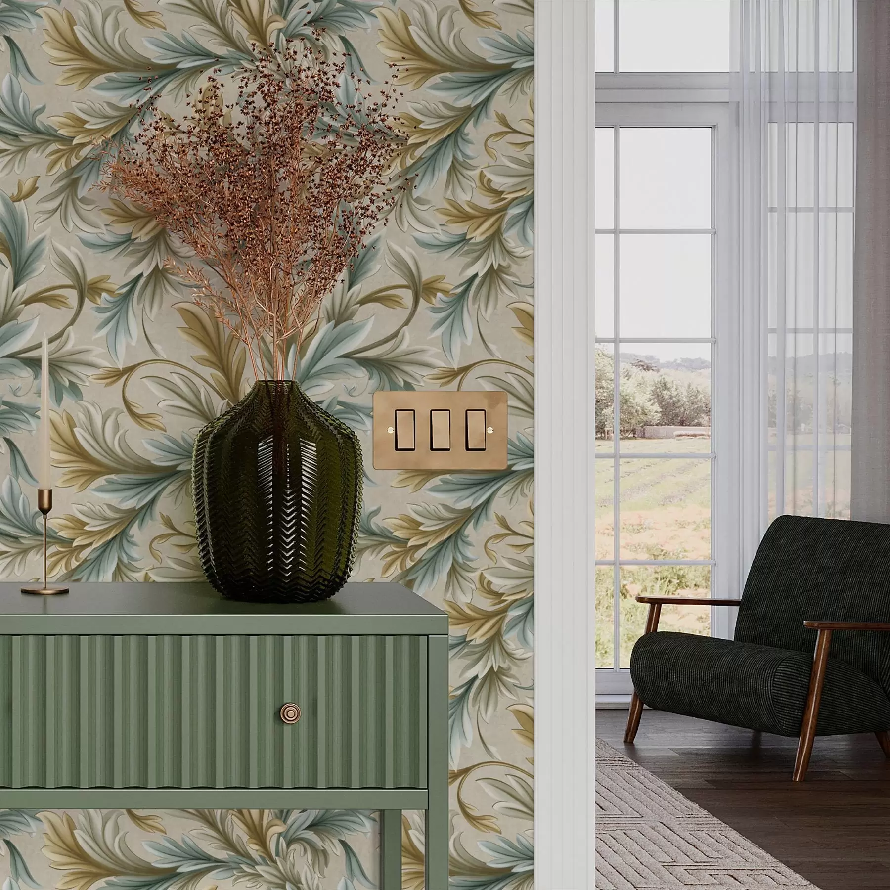 wall murals Voluminous leaves in pastel shades of green and beige a00674