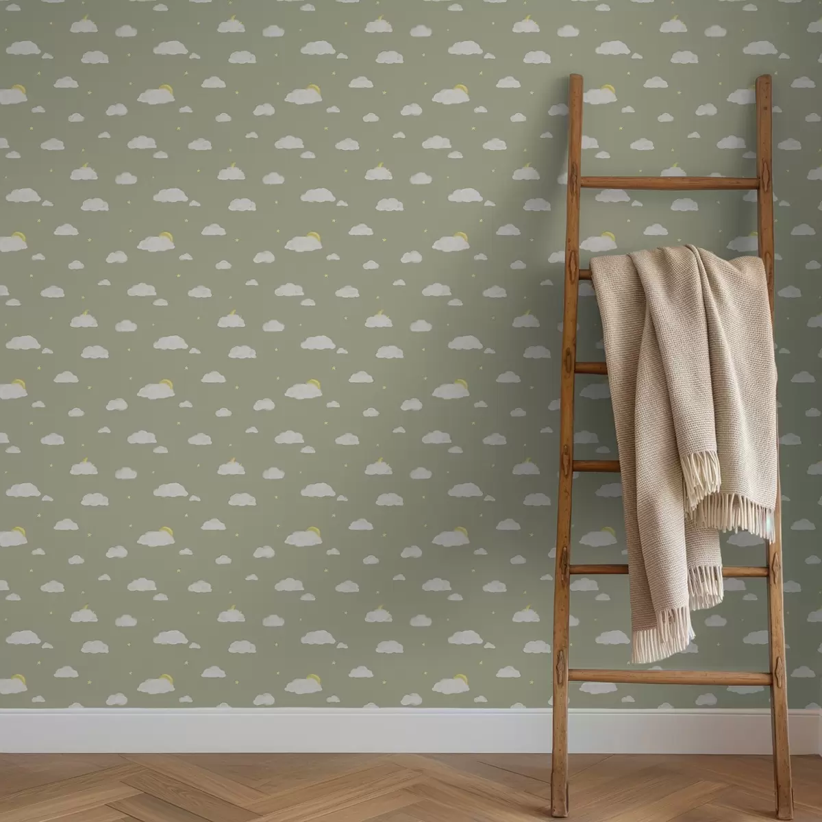 Wallpaper Soft clouds, stars and sun on a greenish gray background a00652v1