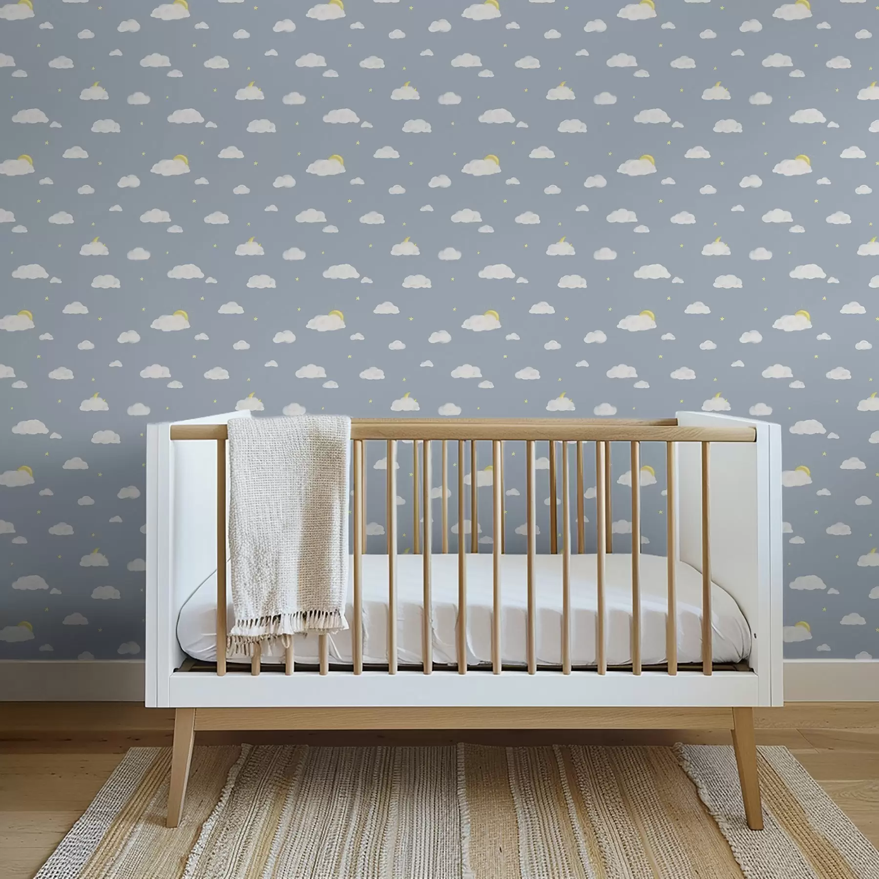 wall murals Soft clouds, stars and sun on a blue background a00652