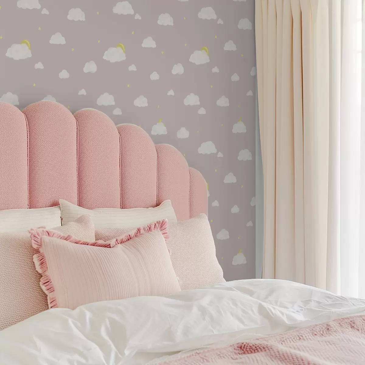 Wallpaper Soft clouds, stars and sun on a pinkish gray background a00652v2