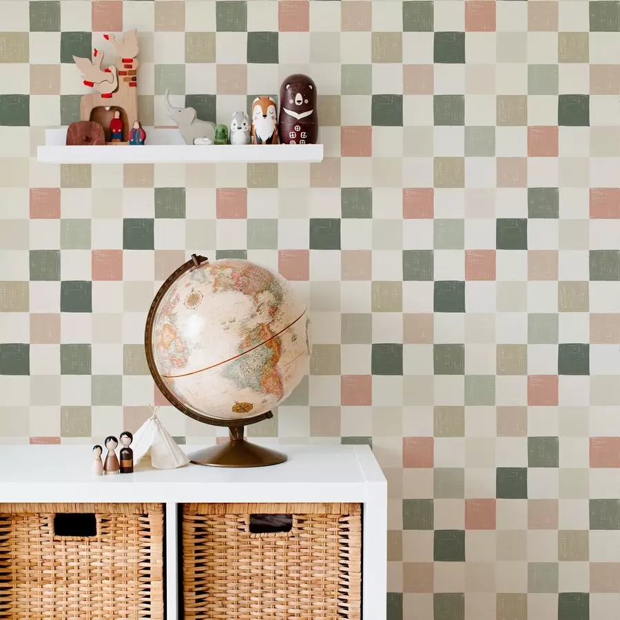 wall murals Soft plaid in pastel green, pink and beige tones a00676