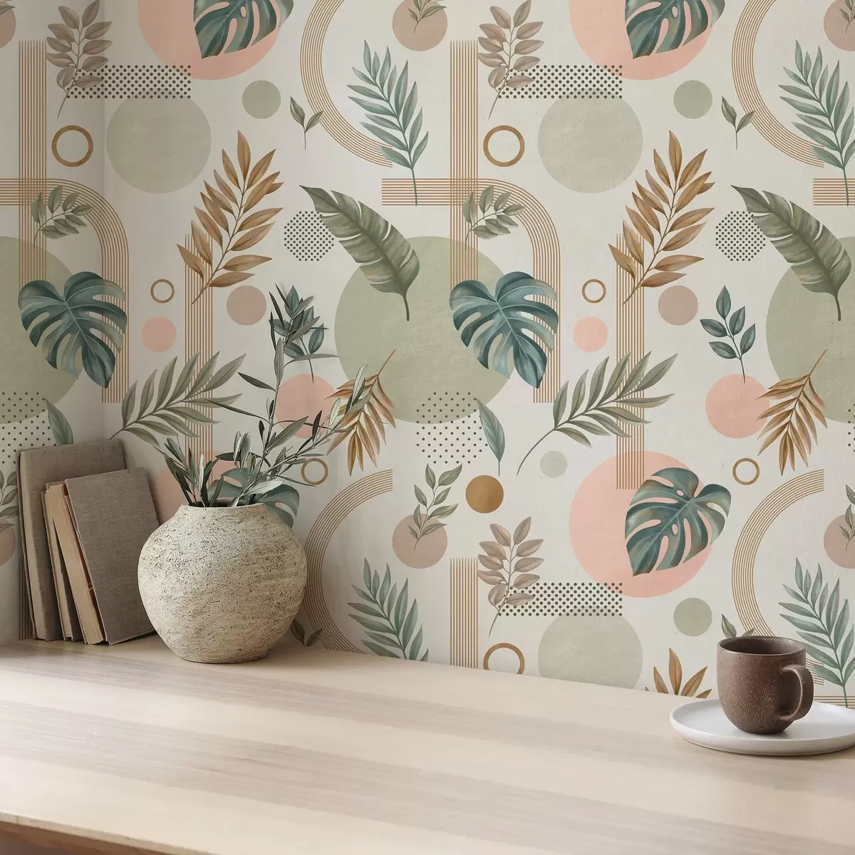 Wallpaper Leaves and geometric shapes in calm warm shades a00677