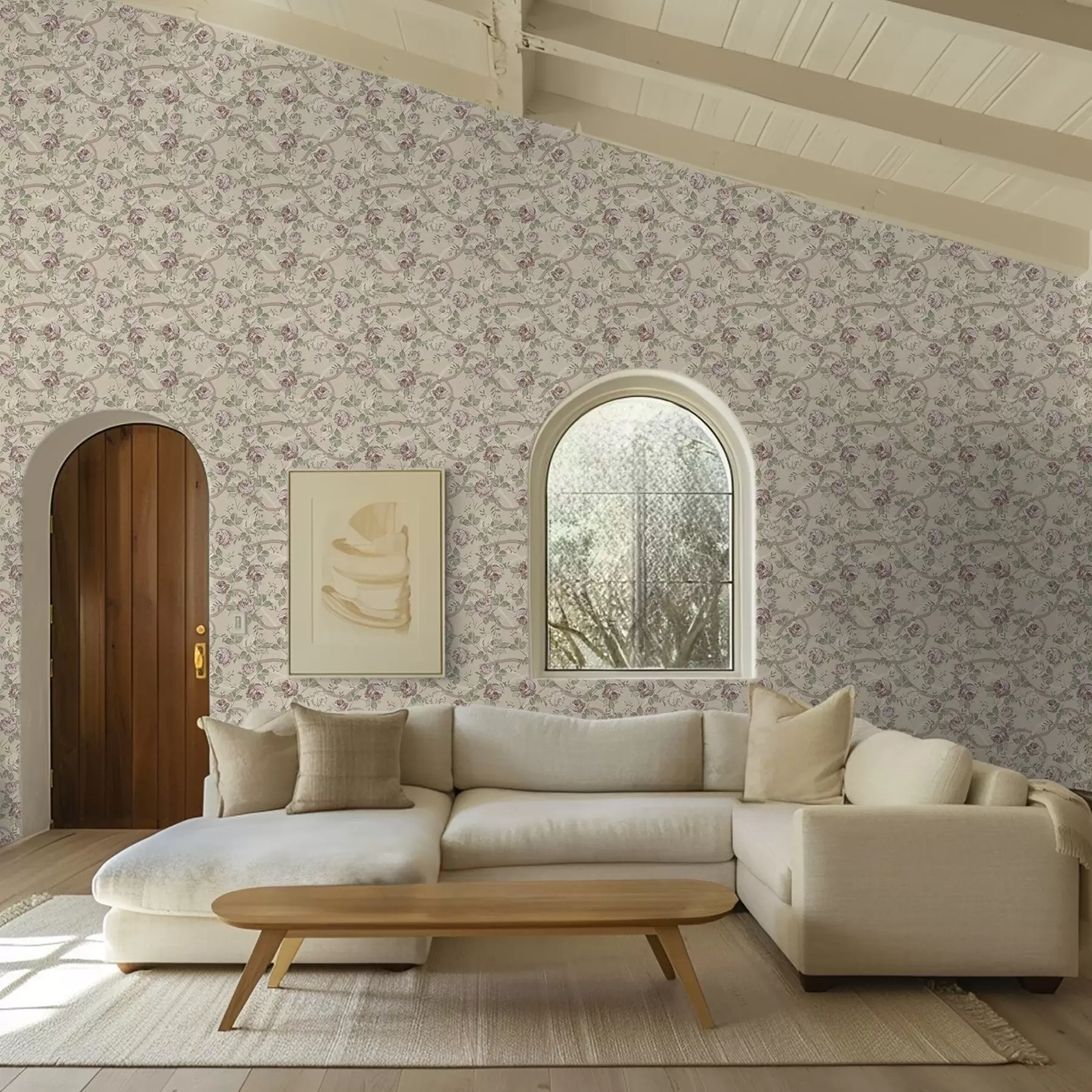 wall murals Roses with green leaves on a warm beige base a00729