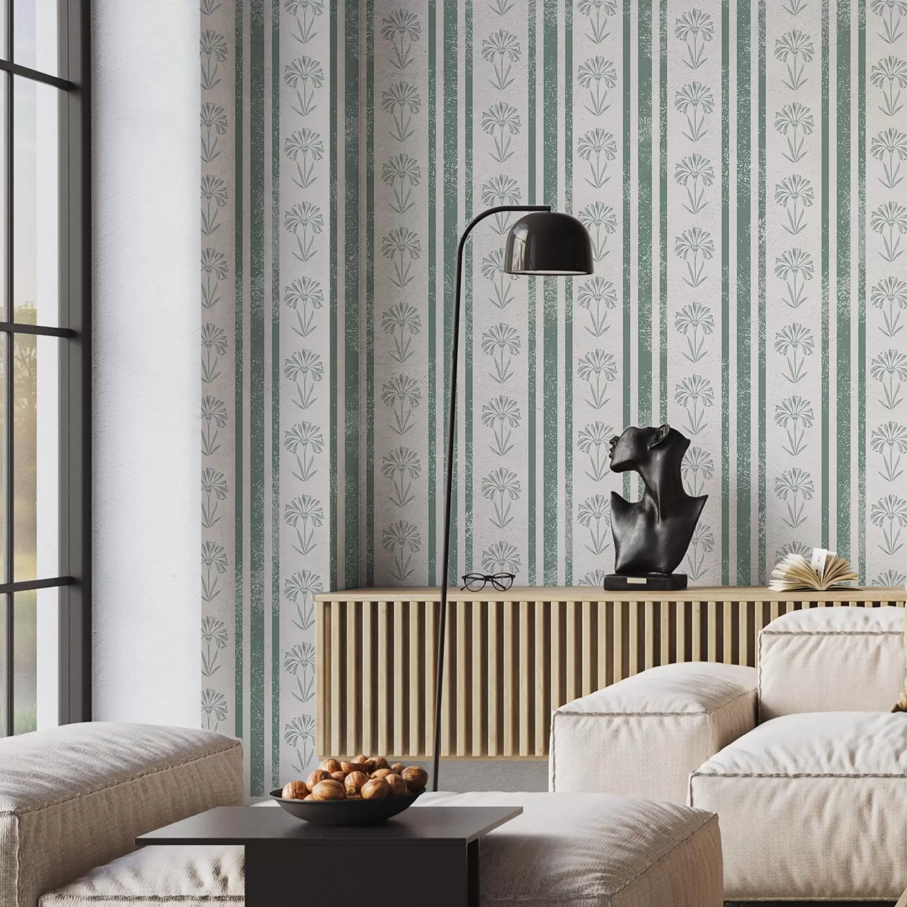 wall murals Ribbon pattern with flowers in green shades a00732