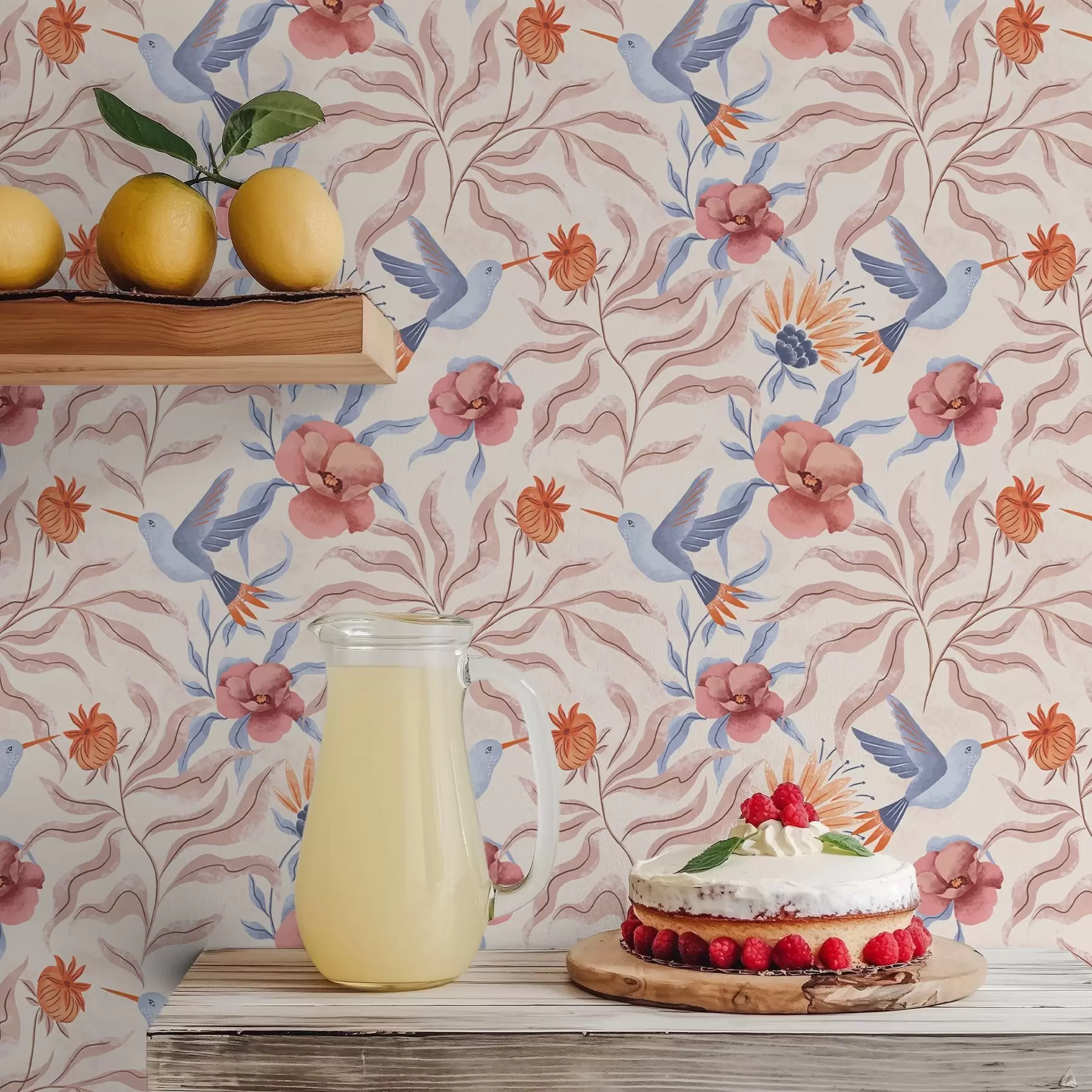 wall murals Hummingbirds among large flowers in pink and blue tones a00733