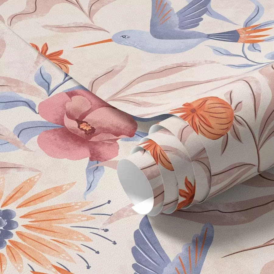 wall murals Hummingbirds among large flowers in pink and blue tones a00733