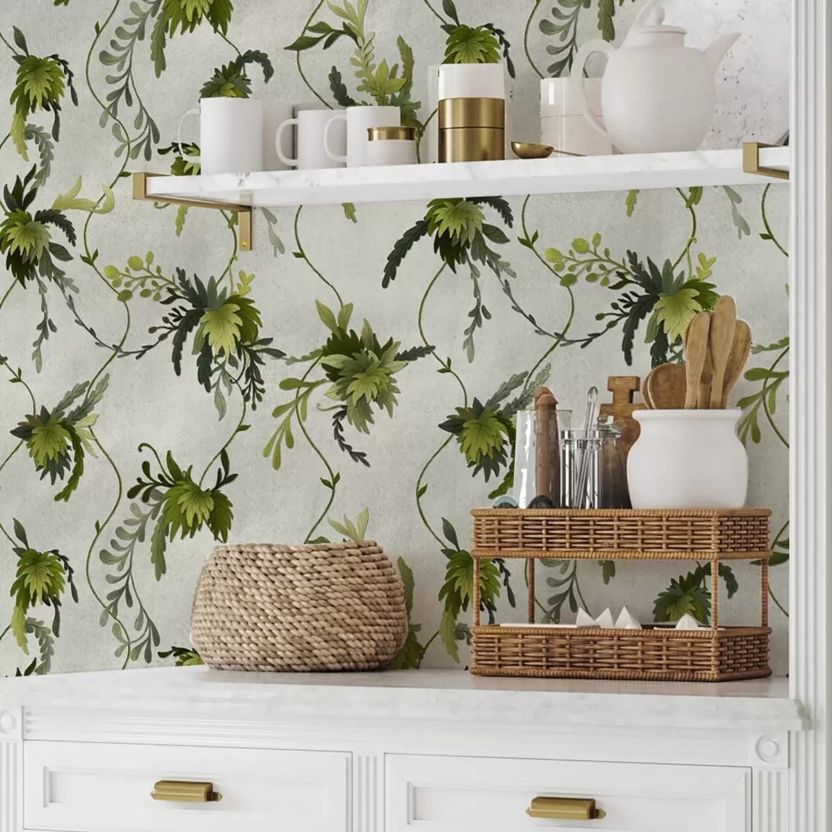 Wallpaper Climbing branches with leaves on a light background a00806