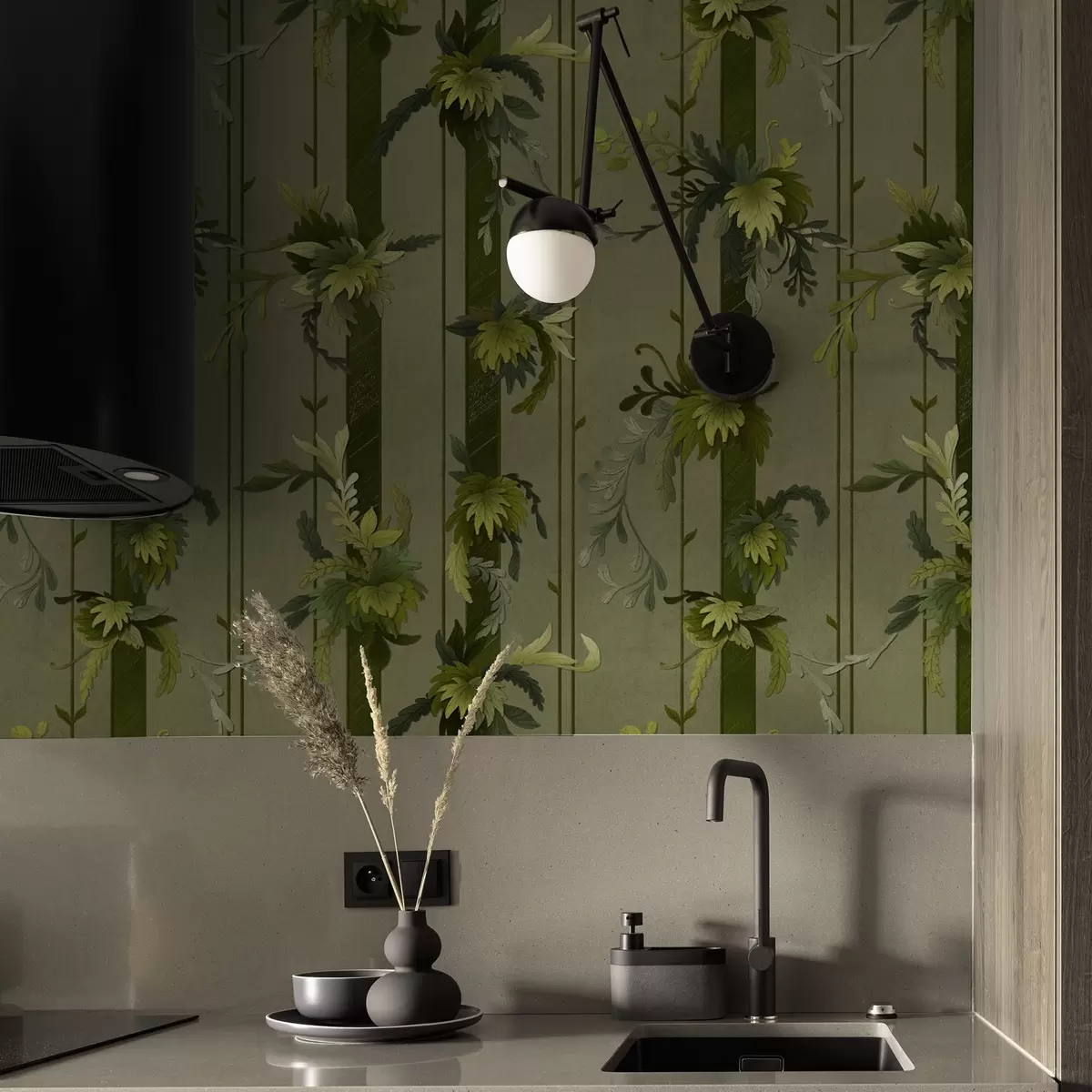 Wallpaper Grapevine leaves and clusters in light green watercolor tones a00807