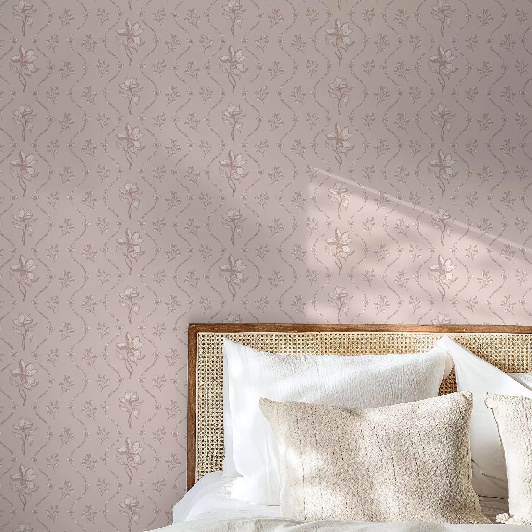 wall murals Small flowers and ribbons in soft pink and beige tones a00808