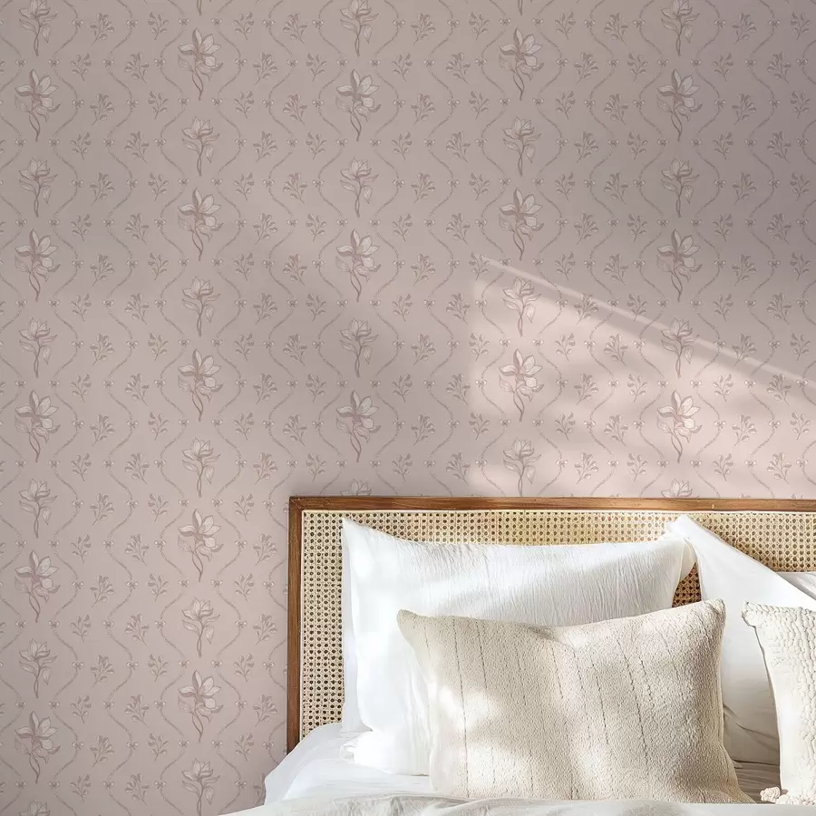 wall murals Small flowers and ribbons in soft pink and beige tones a00808