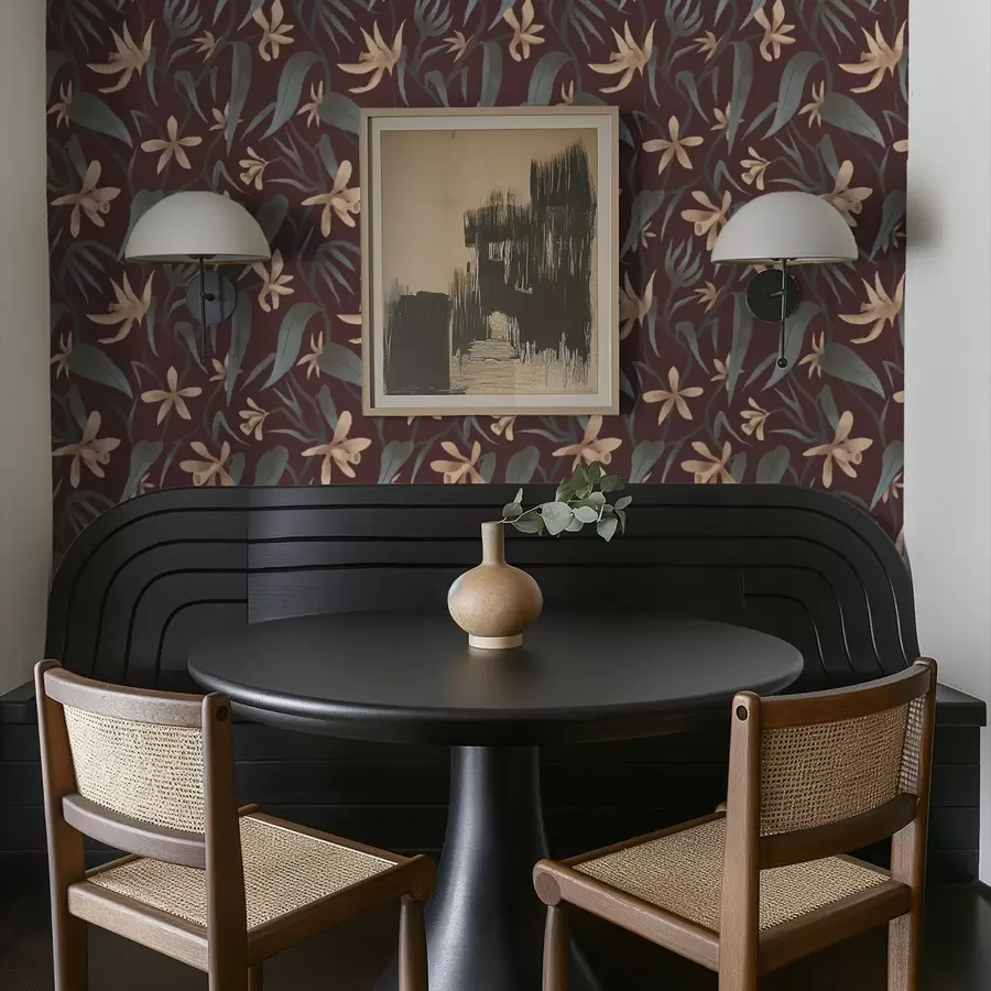 wall murals Cream flowers with gray leaves on a burgundy background a00833