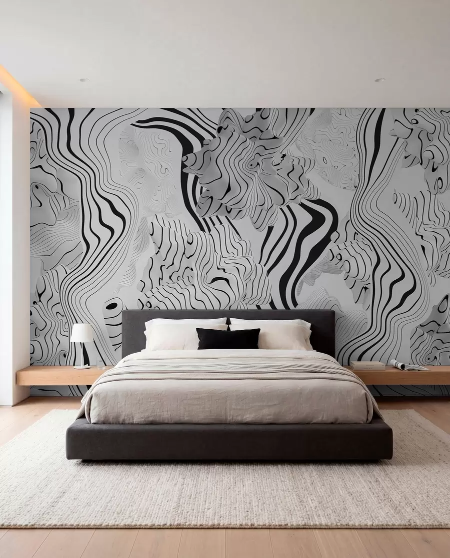 wall murals abstract organic shapes in 3D style in white and grey tones with black stripes w04627