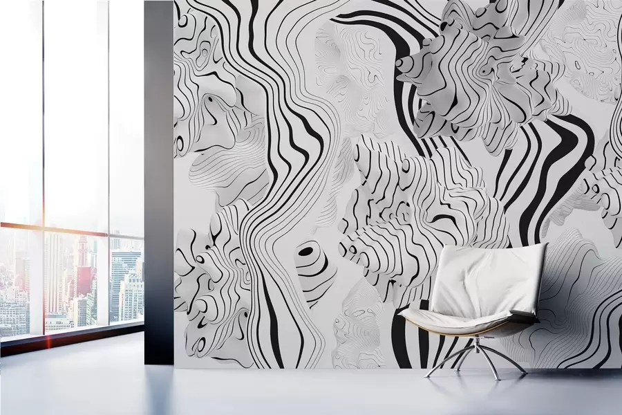 wall murals abstract organic shapes in 3D style in white and grey tones with black stripes w04627