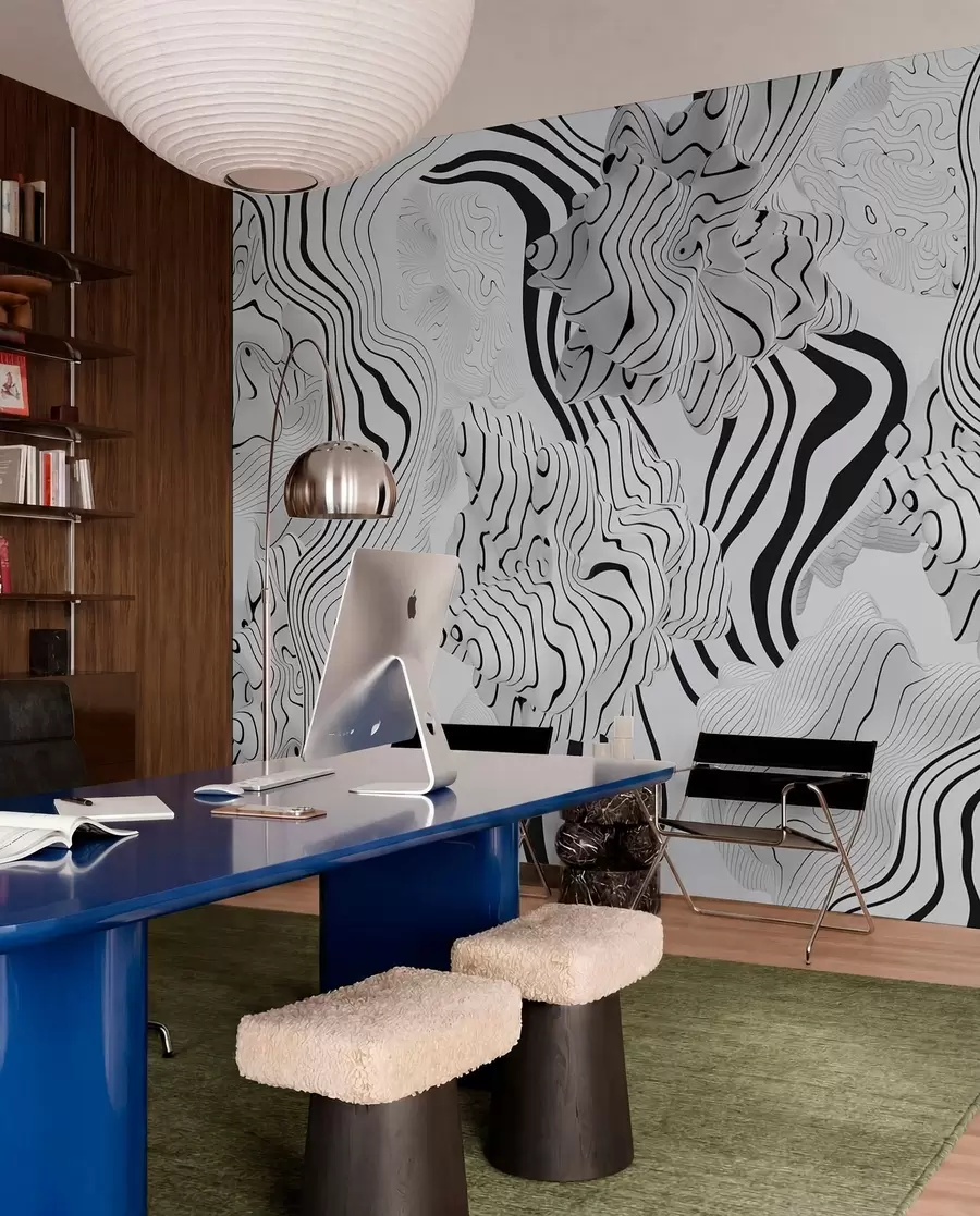 wall murals abstract organic shapes in 3D style in white and grey tones with black stripes w04627