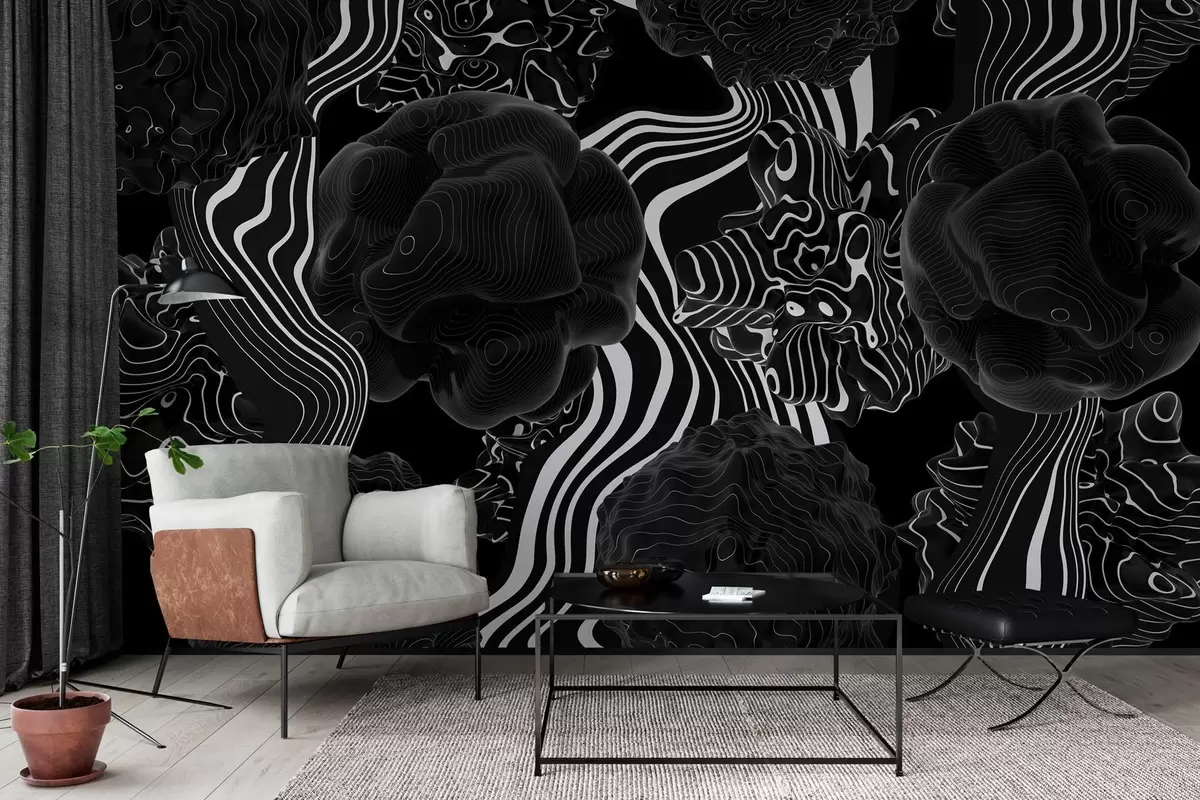 wall murals abstract organic shapes in 3D style in black tones with white stripes w04628