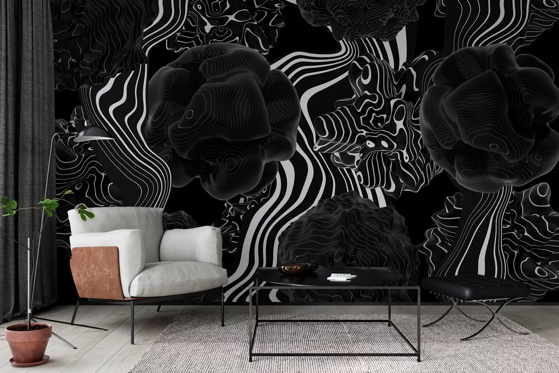 wall murals abstract organic shapes in 3D style in black tones with white stripes w04628
