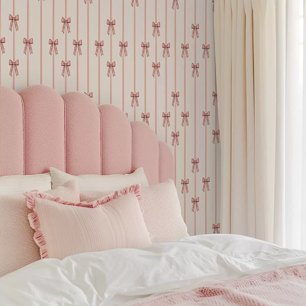 Wallpaper Vertical ribbons with bows, ivory background a00653