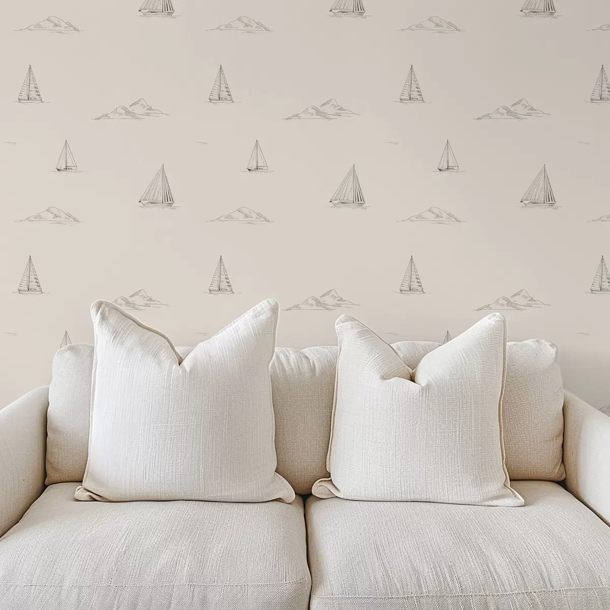 Wallpaper Sketch yachts and islands, warm cream background a00654v1