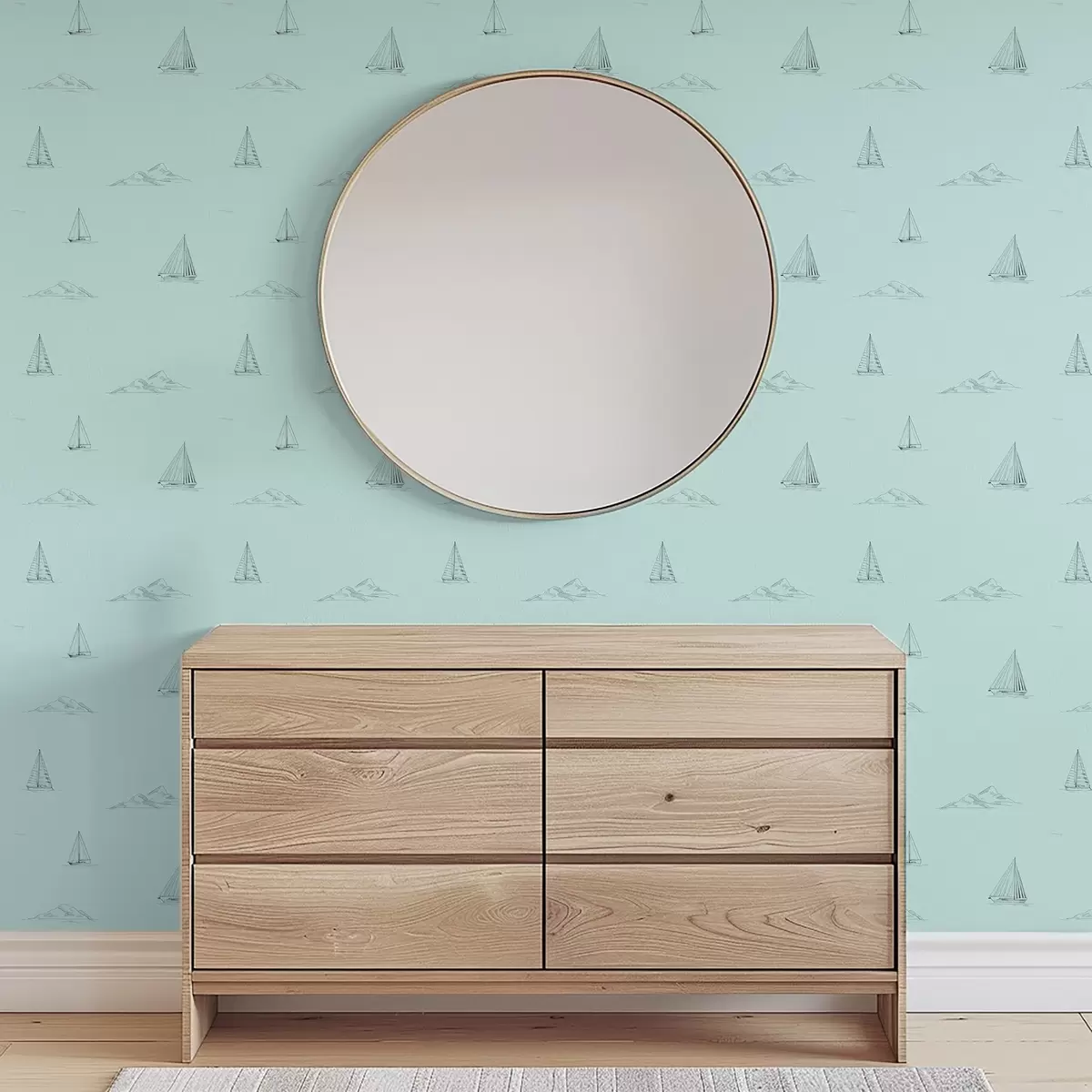 Wallpaper Sketch yachts and islands, mint green background a00654v4