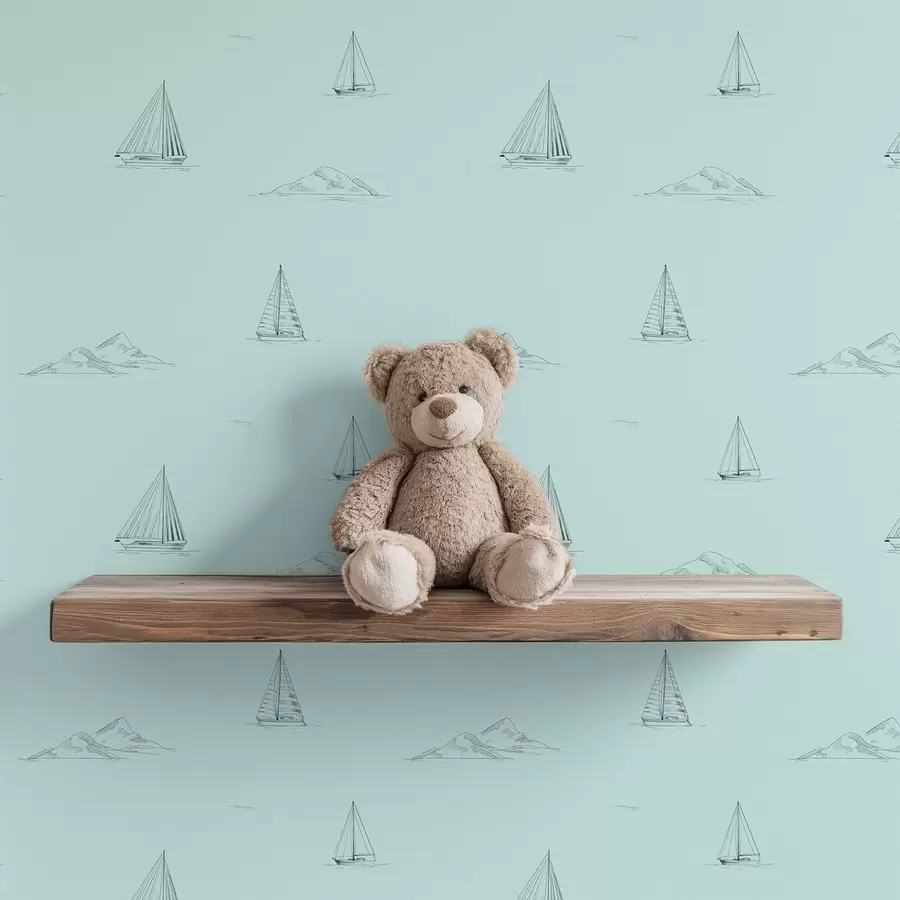 wall murals Sketch yachts and islands, mint green background a00654v4