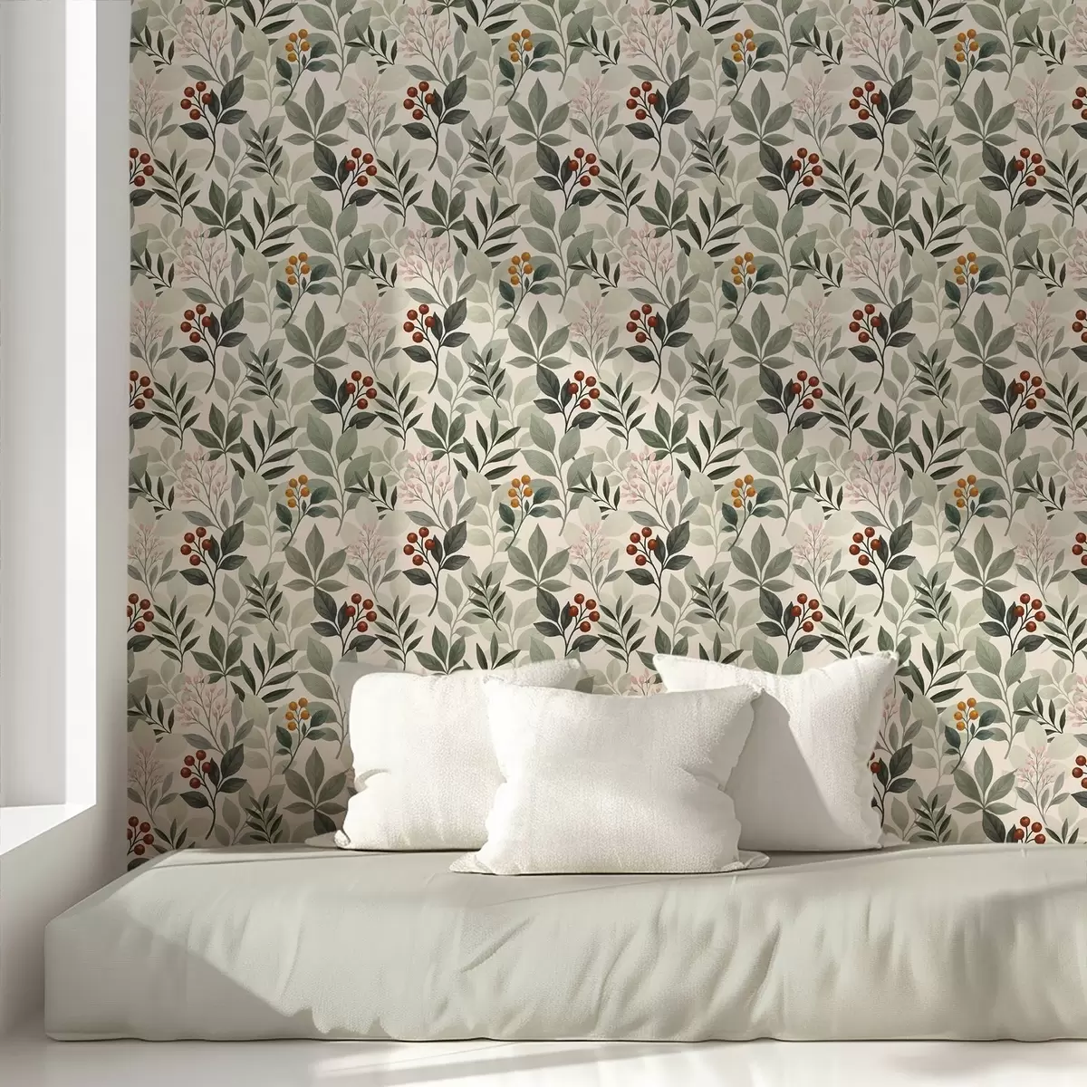 Wallpaper Leaves with berries, light background a00713