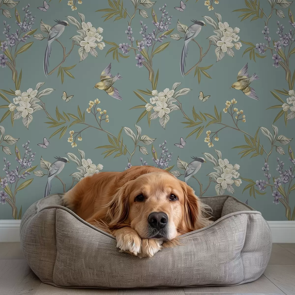 Wallpaper Birds, flowers, and butterflies on a blue-gray background a00735