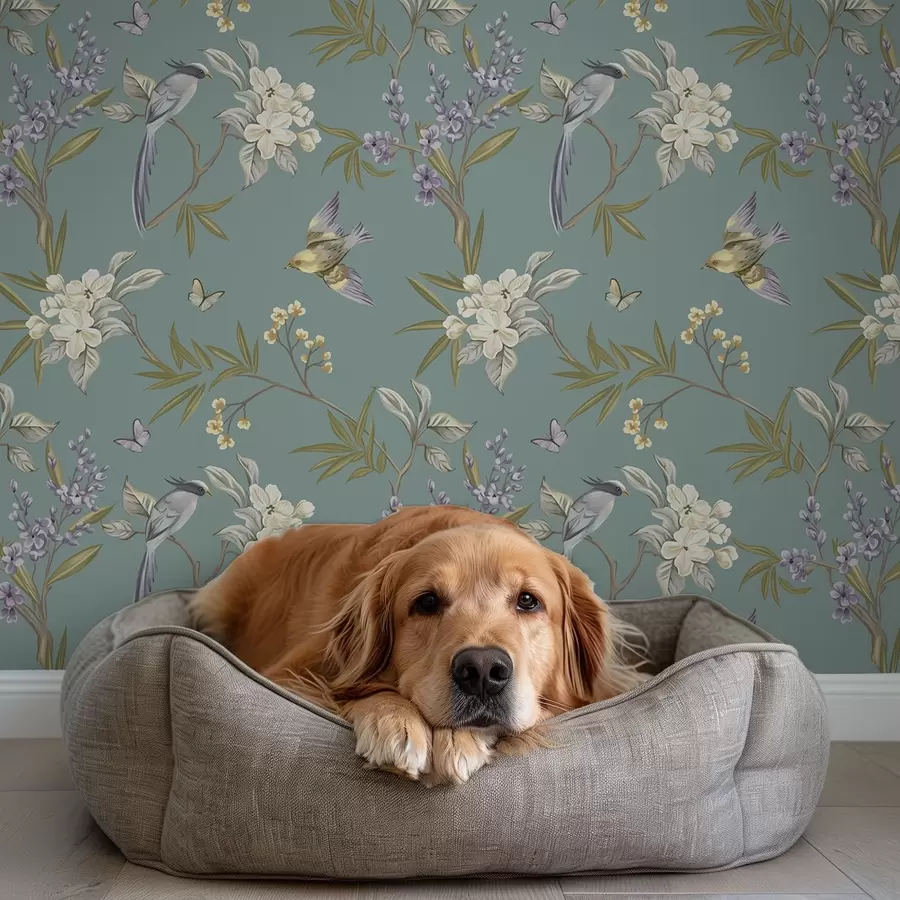 wall murals Birds, flowers, and butterflies on a blue-gray background a00735