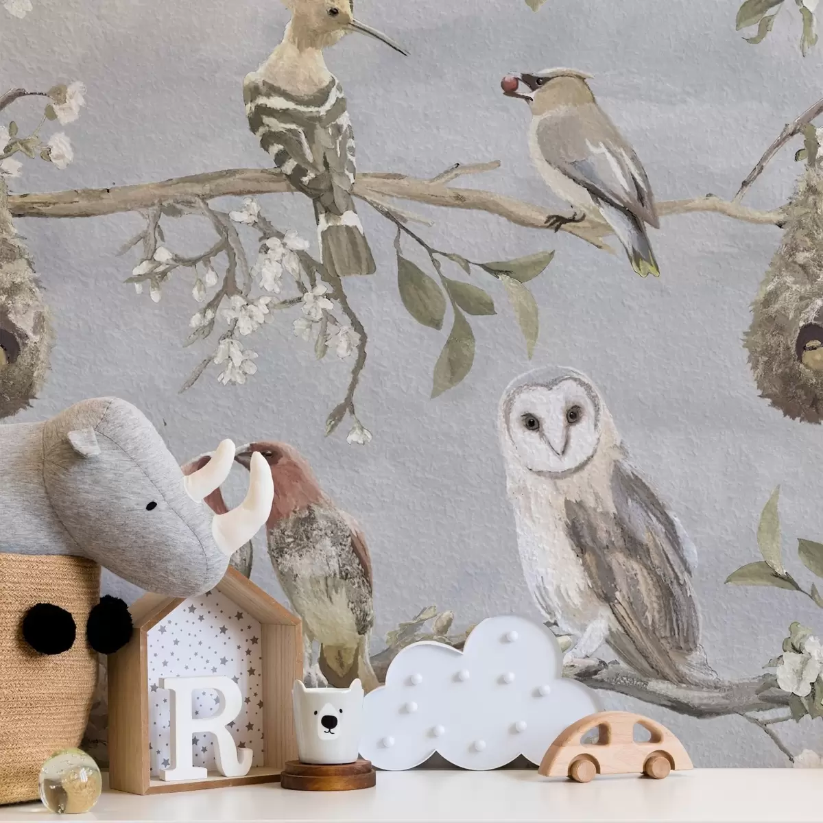 Wallpaper Birds on branches with flowers on gray background a00738