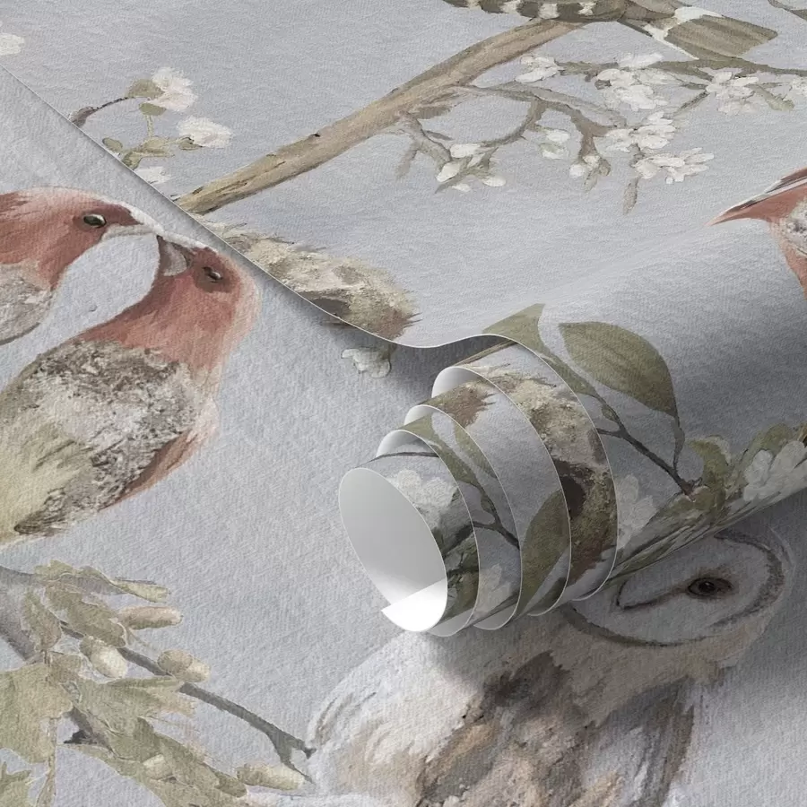 wall murals Birds on branches with flowers on gray background a00738