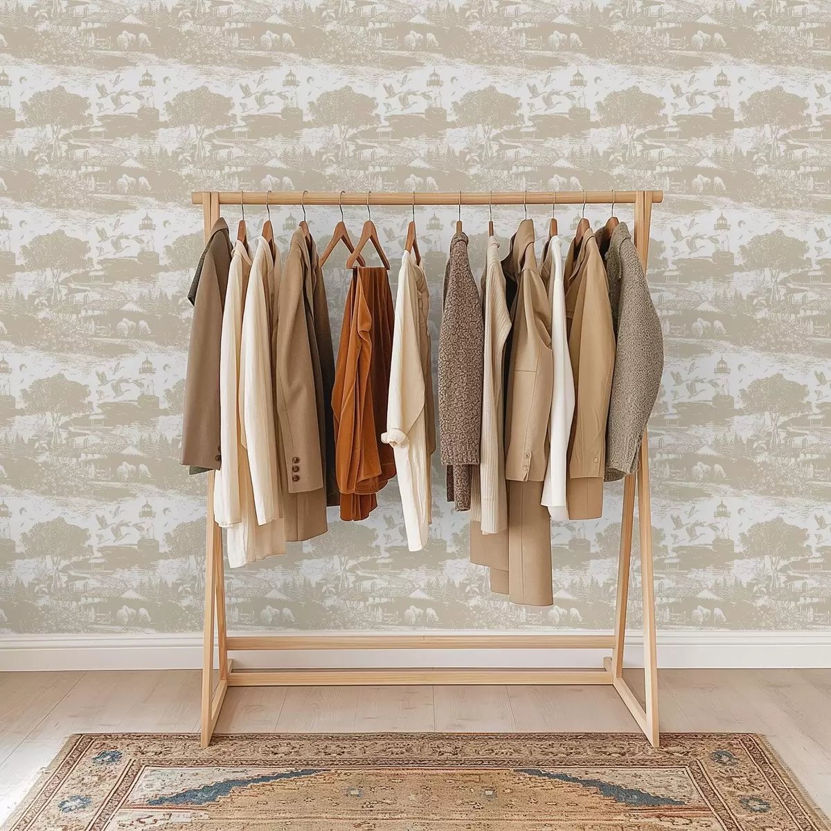 Wallpaper Scene with lighthouse, trees, and houses in sienna a00739