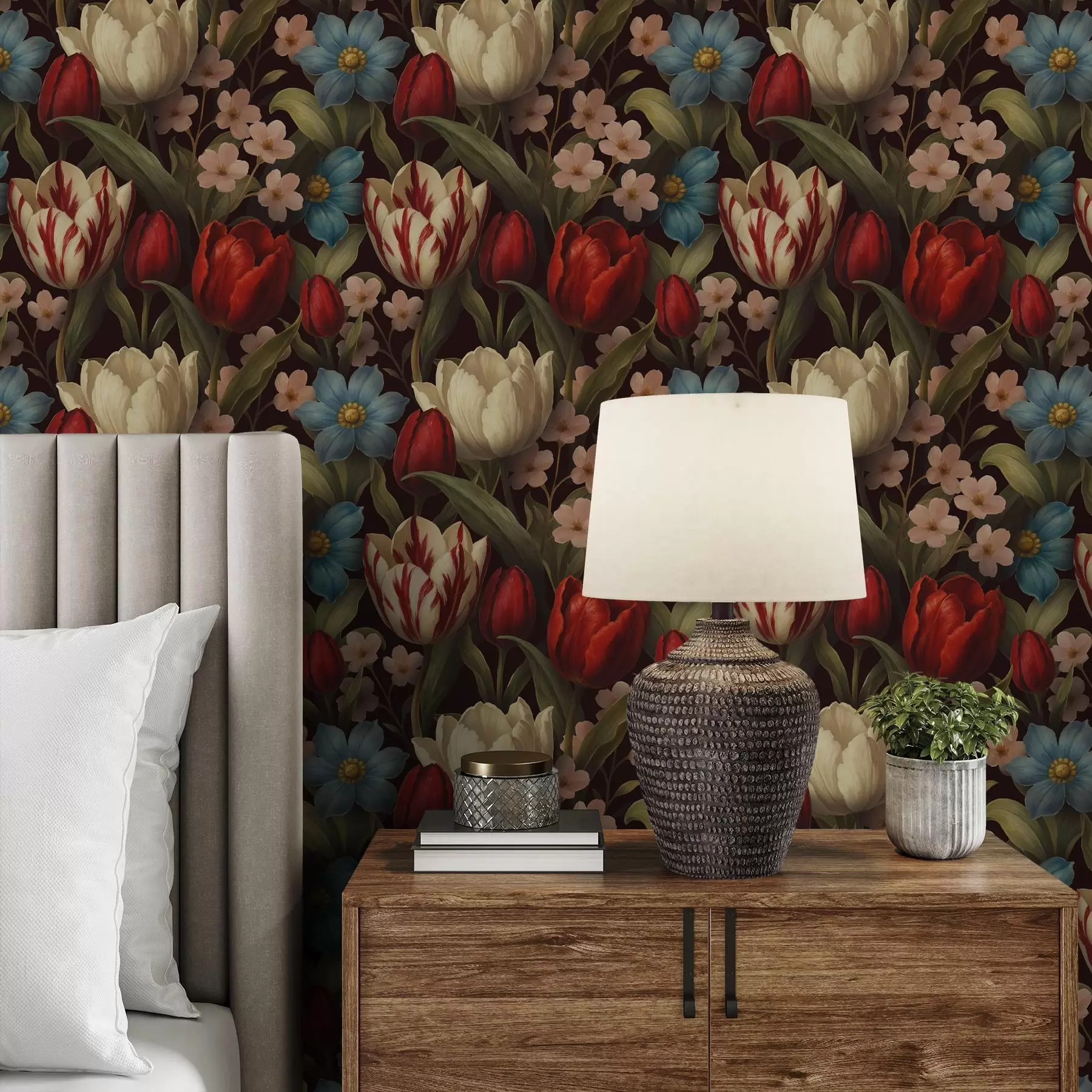 wall murals Bright tulips and blue flowers on dark background a00746