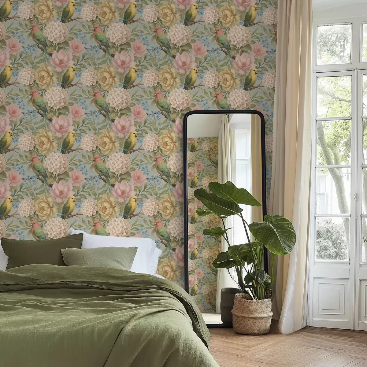 Wallpaper Parrots among peonies, hydrangeas, and magnolias a00747