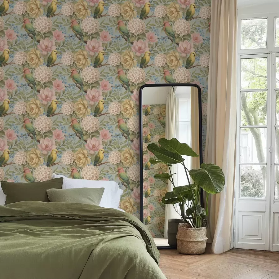 wall murals Parrots among peonies, hydrangeas, and magnolias a00747