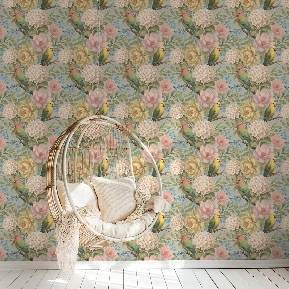 Wallpaper Parrots among peonies, hydrangeas, and magnolias a00747