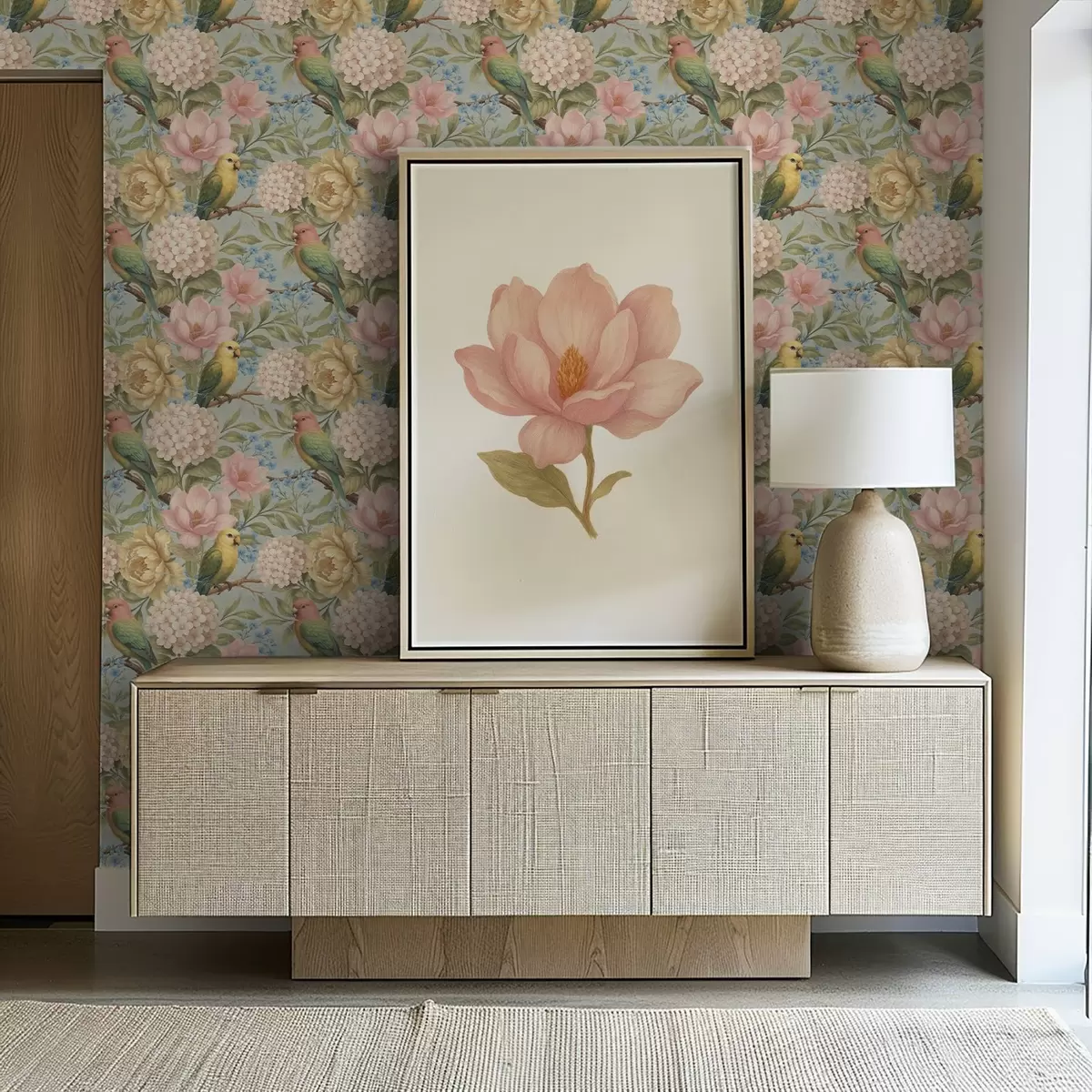 Wallpaper Parrots among peonies, hydrangeas, and magnolias a00747