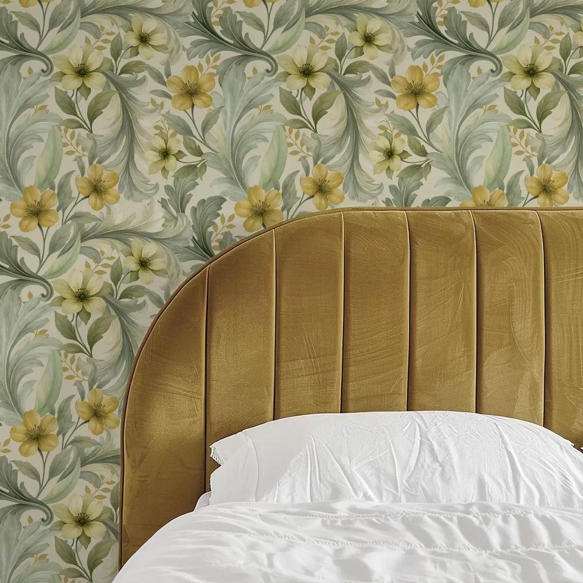 Wallpaper Acanthus scrolls with flowers in green and yellow tones a00749