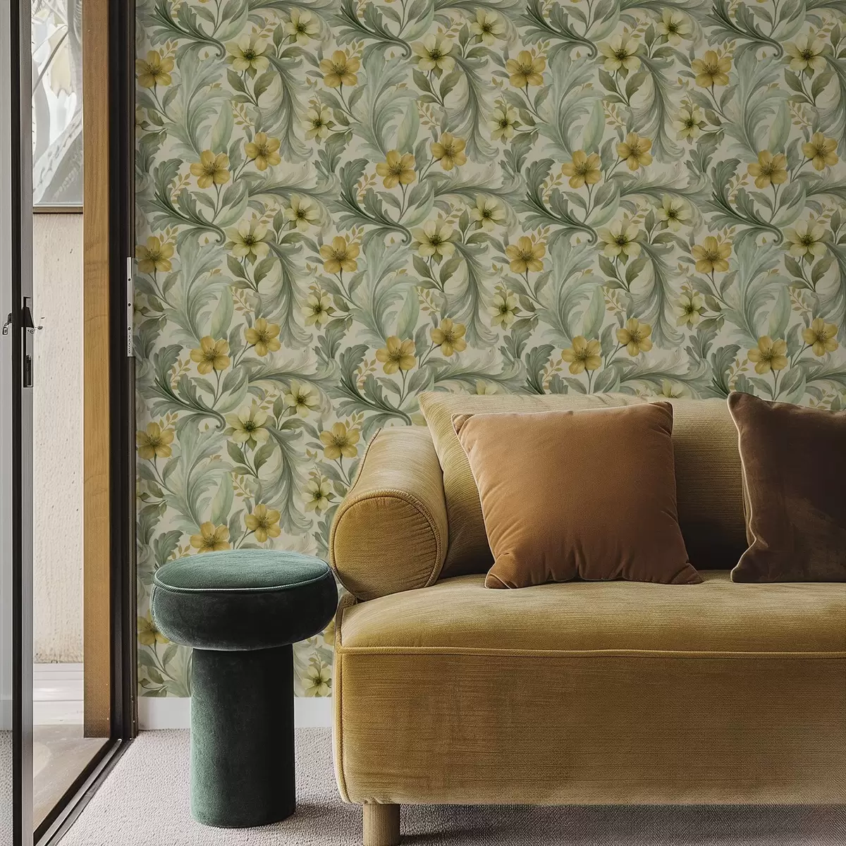 Wallpaper Acanthus scrolls with flowers in green and yellow tones a00749