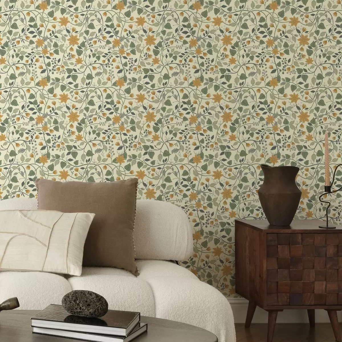 Wallpaper Climbing floral branches with yellow flowers and berries a00750